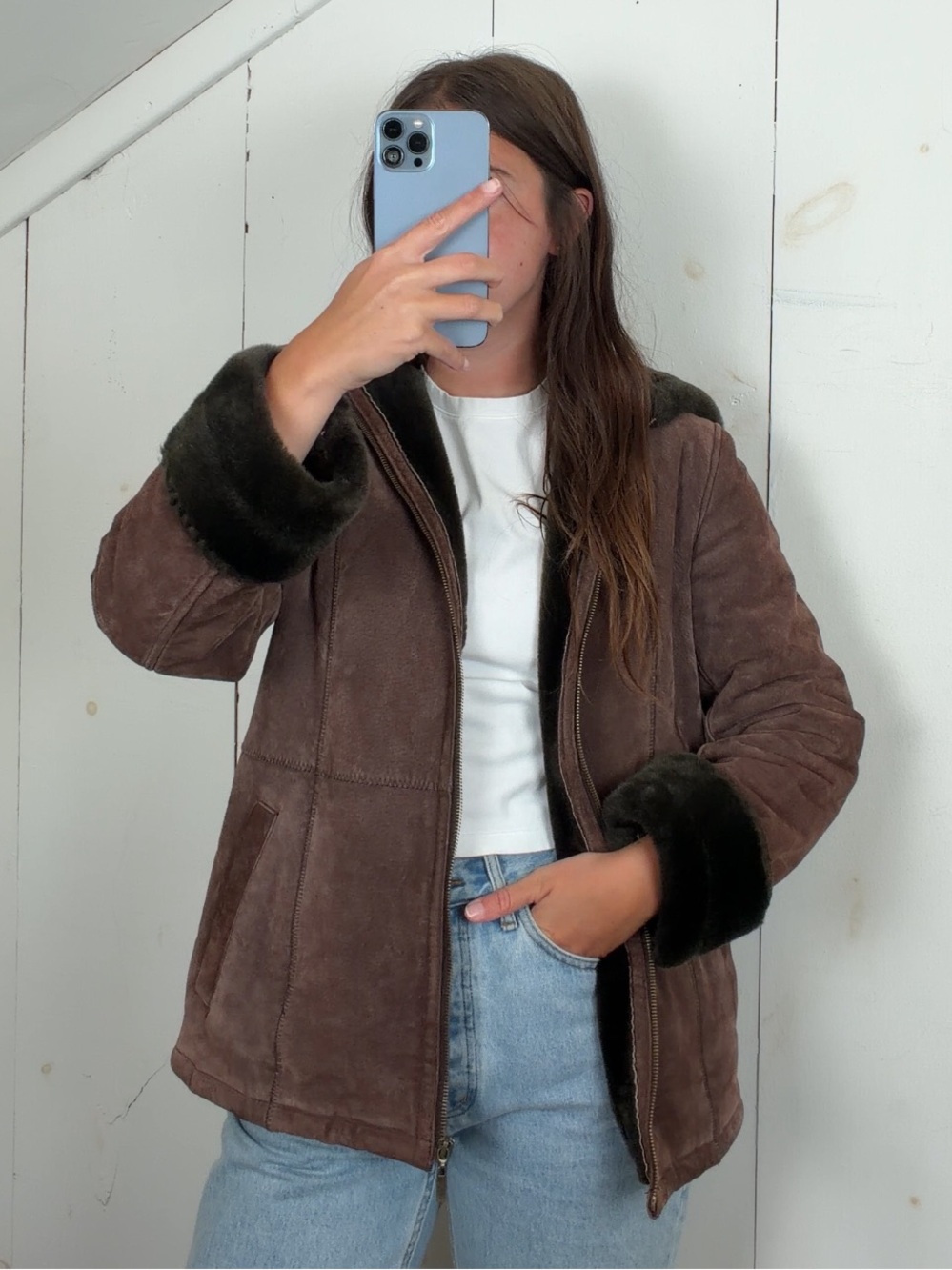 Vintage Brown Suede Leather Fur Lined Hooded Jacket Womens Small Y2K Winter Coat